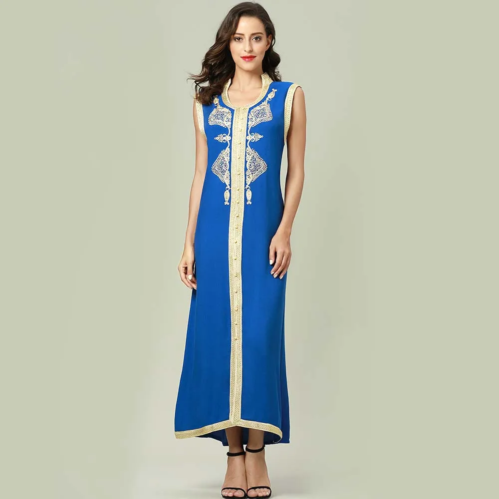 Women islamic clothing Maxi sleeveless long Dress moroccan Kaftan embroidery dress vintage abaya Muslim Robes gown hijab style - Color: Blue