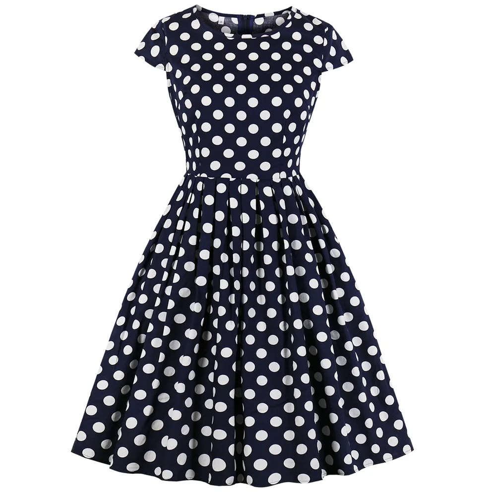

Joineles Round Neck Short Sleeves Rockabilly Swing Vintage Dress Navy Polka Dot Summer Women Retro Dress 60s Party Vestidos Robe