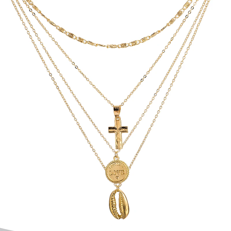 

docona Bohemian Style Cross Shell Multi Layer Necklace for Women Cowrie Clavicle Choker Necklace Collares C12209