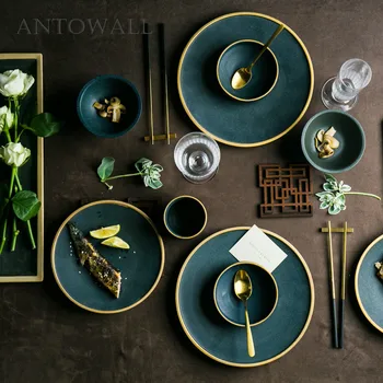 

Ceramic gold rim steak plate rice soup bowl golden inlay dinner plate senior green color household/restaurant party ware