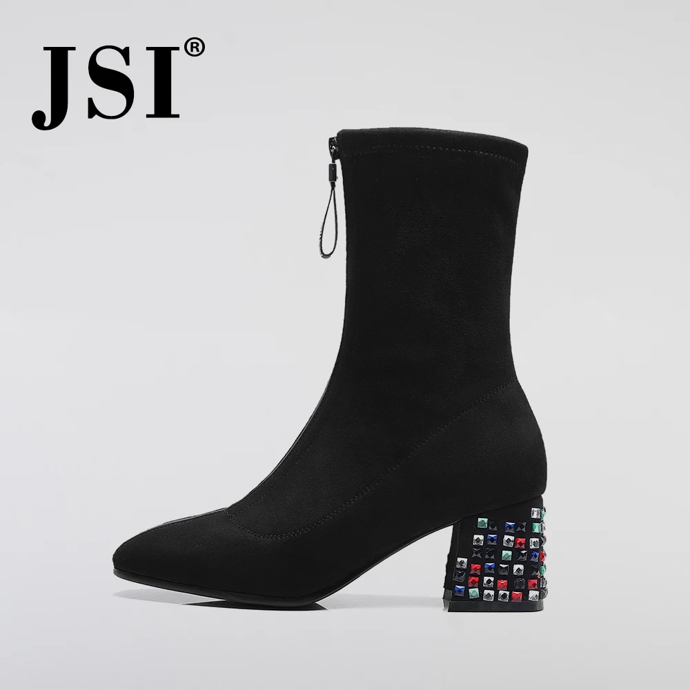 

JSI 2019 New Women's Mid-Calf Boots High Quality Solid Faux Suede Shoes Fashion Sexy Colorful Square Heels Design Lady Boots JO5