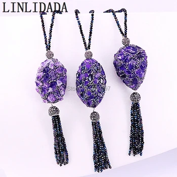 

3Pcs Jewelry crystal glass beads necklace, Rhinestone Pave Natural purple quartz stone Bead crystal tassel Pendant Necklaces