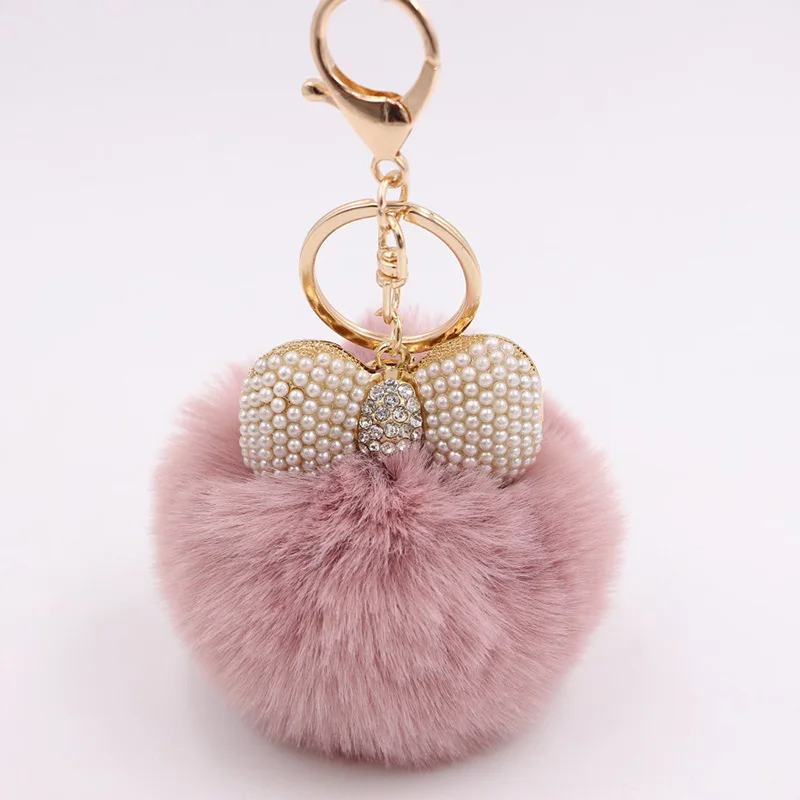 Пушистый помпон из искусственного меха кролика брелок с шариком жемчугом бантом подвеска для ключей сумок ключи аксессуары chaviro Подарки для женщин брелок - Цвет: Leather Pink