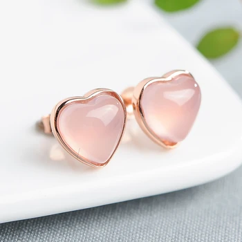 

2019 new 925 silver inlaid peach heart authentic natural chalcedony pink love female silver earrings with certificate
