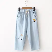 Весна осень симпатичный стиль преппи Кот Вышивка джинсовые женские брюки эластичная талия свободные ковбойские брюки милые брюки gx398