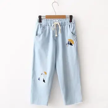 

2019 spring autumn new preppy style cute cat Embroidery denim women pants Elastic Waist loose cowboy pants sweet pants gx398