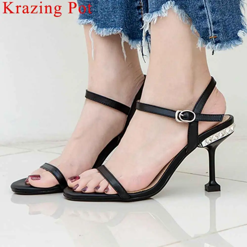 

Krazing Pot new fashion cow leather super high heels peep square toe women sandals buckle strap crystals decoration shoes L92