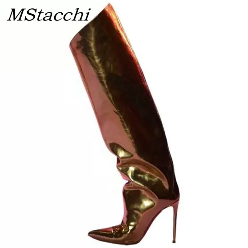 Ceny MStacchi Runway szpilki cukierki kolorowe lustro skóra metaliczna nad kolana kobiety buty super wysokie szpilki buty do kolan kobieta