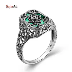 Szjinao женские Кольцо из стерлингового серебра 925 цветок ручной работы Винтаж зеленый изумруд Виктория Вик обручальное кольцо модные