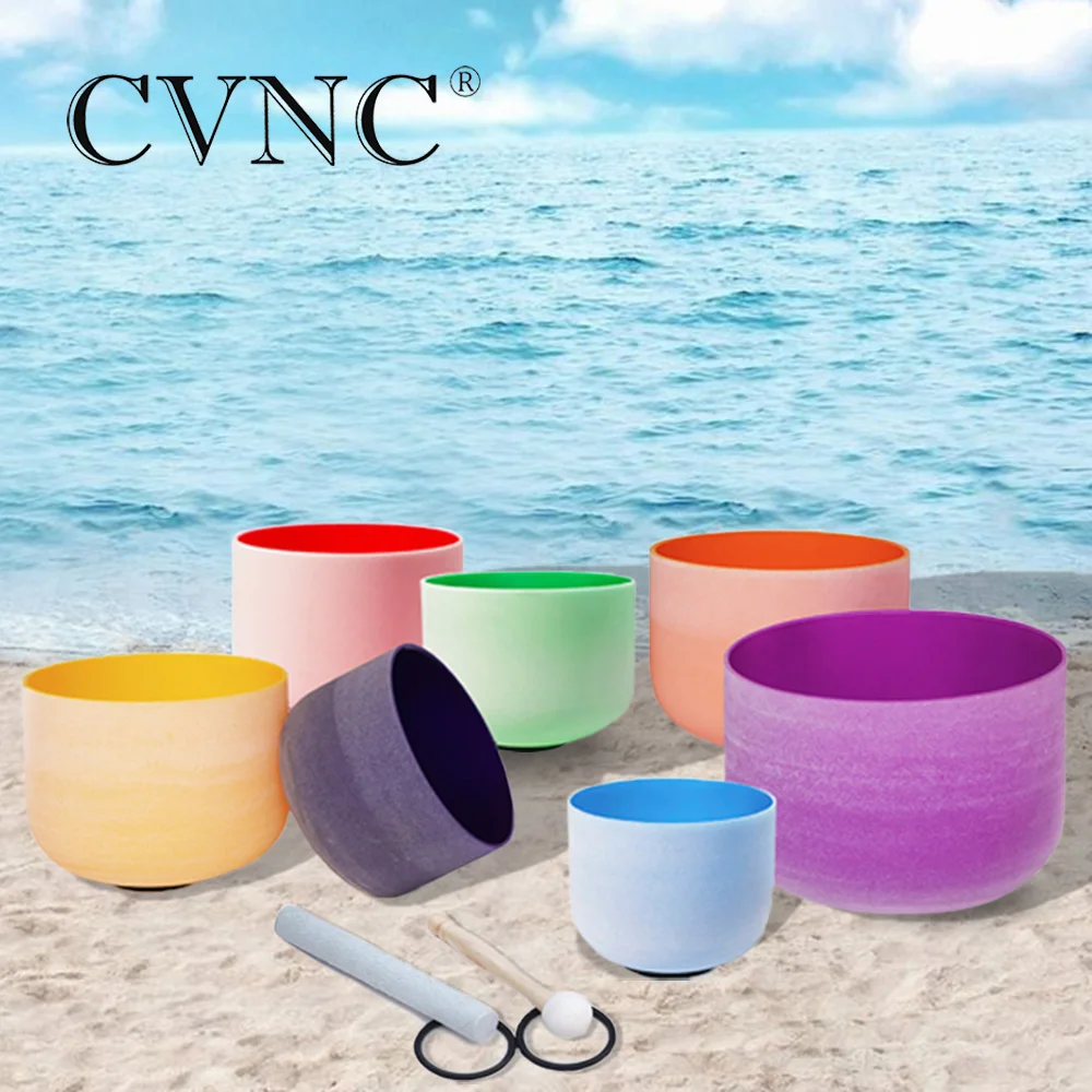 

CVNC Chakra set of 7pcs Color Frosted Quartz Crystal Singing Bowl 6" -12"