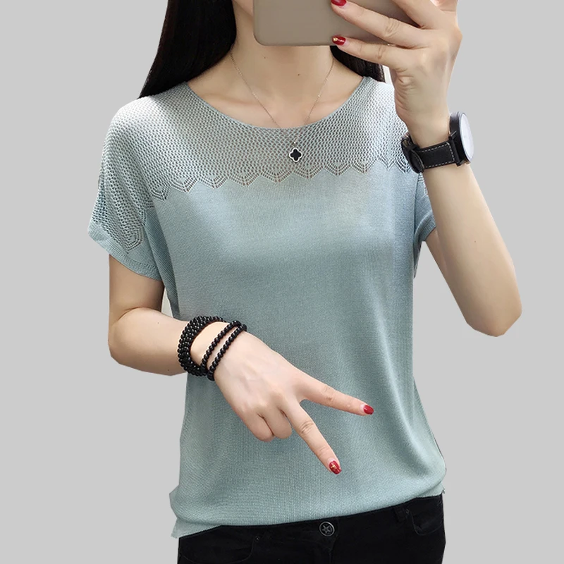 

shintimes Elasticity T-Shirt Hollow Out Tshirt Female Floral Knitted T Shirt Women Summer Short Sleeve Casual Tee Shirt Femme
