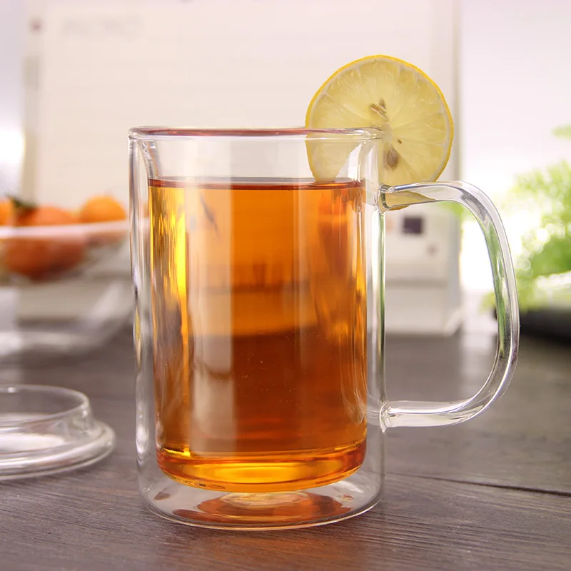 350ML double transparent thick glass simple with handle tea mug high