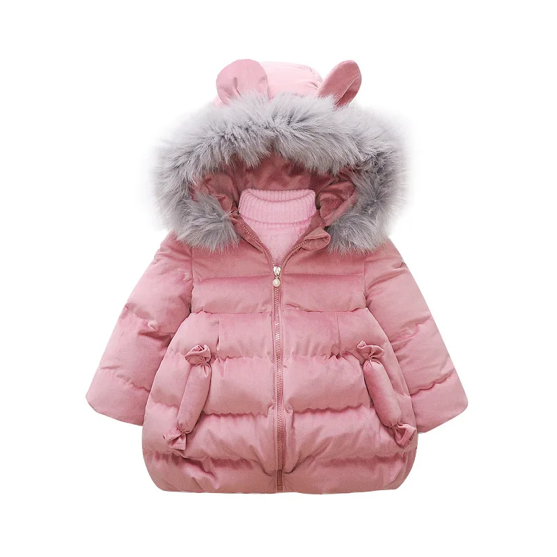 Для девочек зимняя куртка, пальто детские для маленьких детей Детские Бархатные Топы парка длинные зимний пуховый хлопковый набор одежды розовый меховой воротник пальто