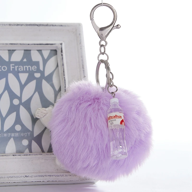 

Cute Mini mineral water bottle Key Chain beverage bo Key Chains Jewelry Fur Ball Key Chain Fluffy Keyring For Women Bag Key Ring