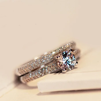 

KNOCK Female Small Round Ring Set Zircon Ring Fashion White/Rose Gold Filled Jewelry Promise Engagement Rings For Women