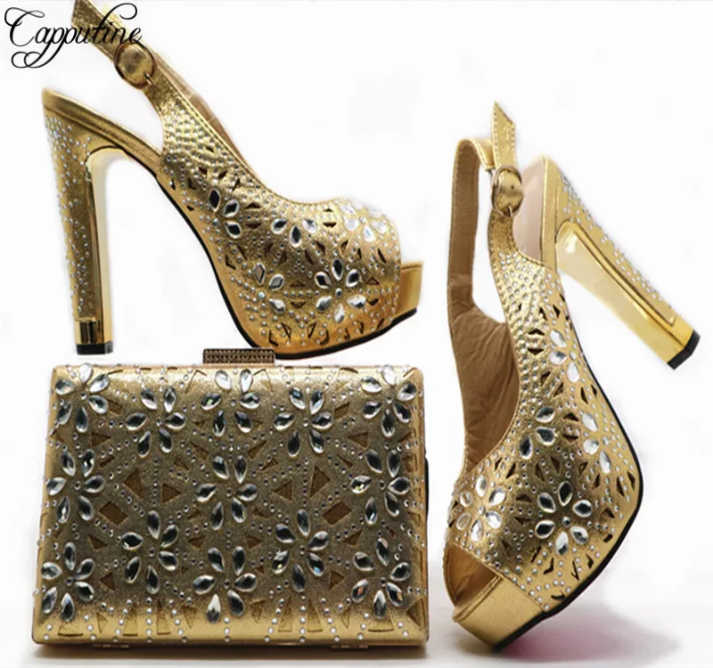 

Capputine Latest Gold Color Shoes And Bag Set Italian Ladies Shoe And Bag Set Decorated With Rhinestone Nigeria Party Shoes G49