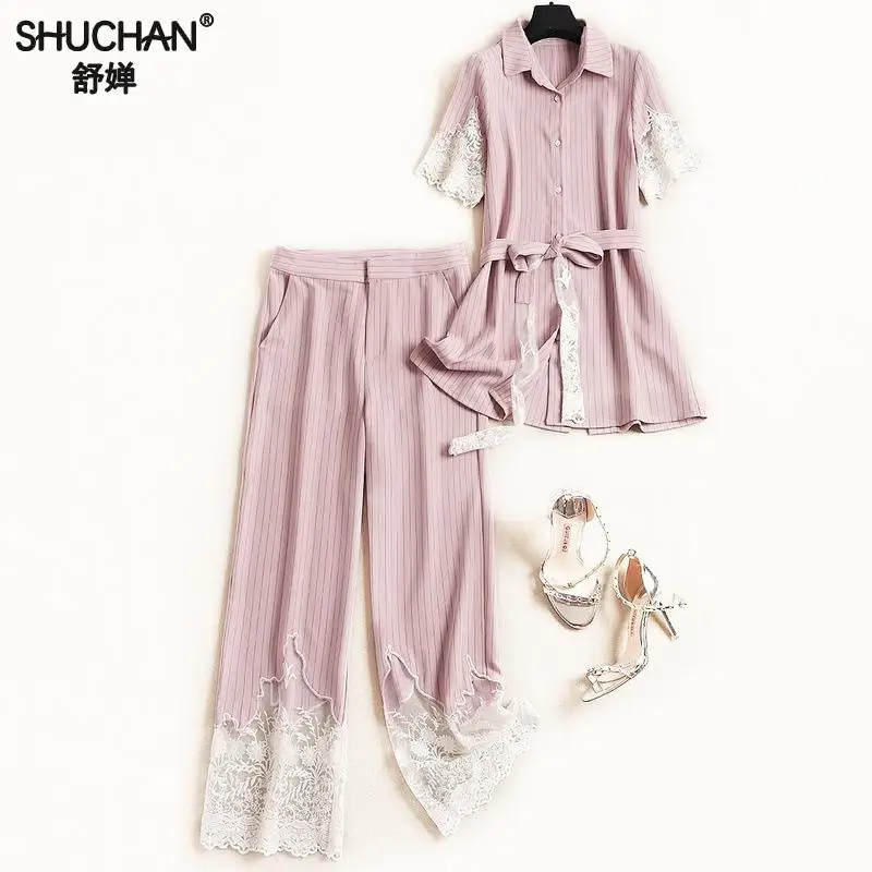 

Shuchan New 2019 Summer Suit Patchwork Lace Designer Top+ Ankle-length Pants Striped Conjunto Feminino Womens Sets High Quality