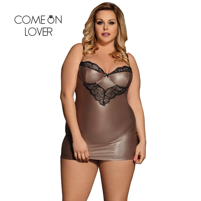 

Comeonlover Faux Leather Lenceria Sexy Hot Plus Size Brown With Lace Erotische Kleding Dress + G string Babydoll Dress RI80278
