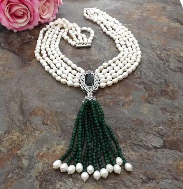 Beautiful 5 row White Baroque Pearl Green bead Necklace CZ Pendant
