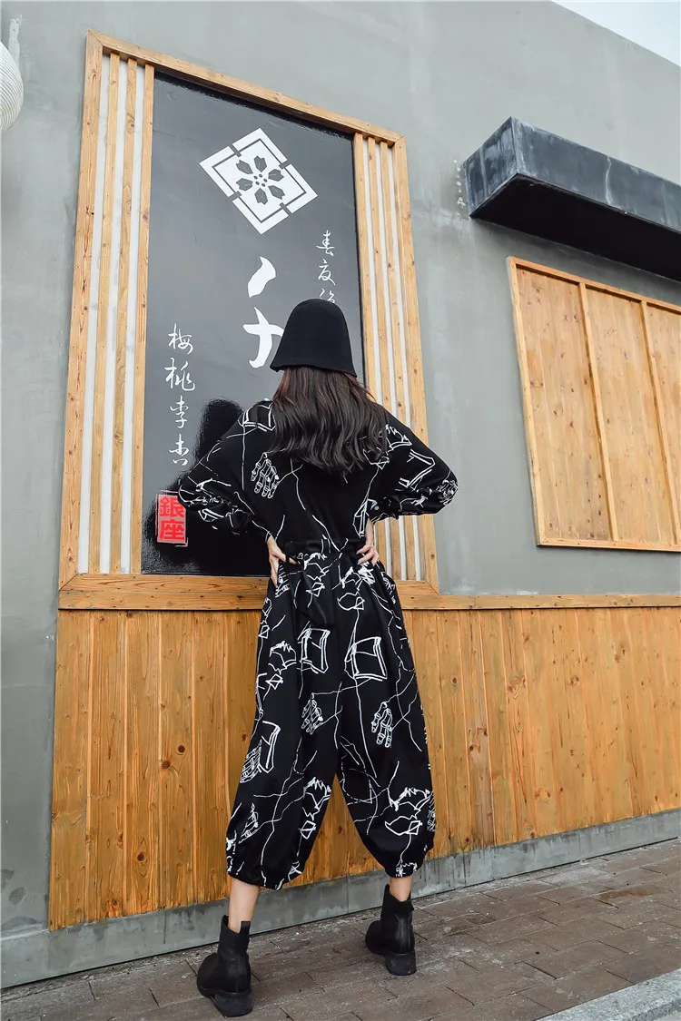 Cheerart уличная одежда в стиле хип-хоп комбинезон женский черный Плюс Размер Свободный граффити принт длинный рукав комбинезон Combinaison Femme Salopette