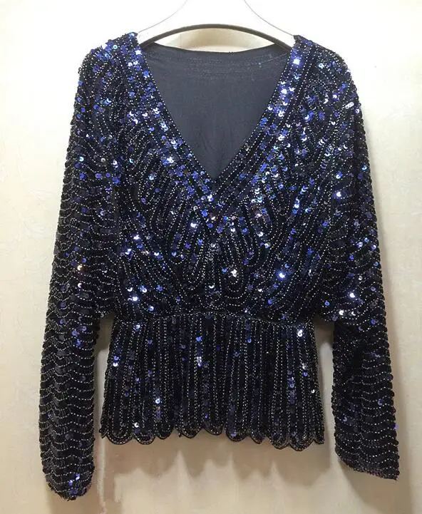 

Women's Luxury Vintage Shiny sequins paillette Beaded Shirt Female Sexy Club Party Dancing Performance Pullover Tops Tees TB593