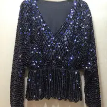 Женская роскошная винтажная рубашка с блестящими блестками и бисером, женские сексуальные Клубные вечерние пуловеры для танцев, топы, футболки TB593