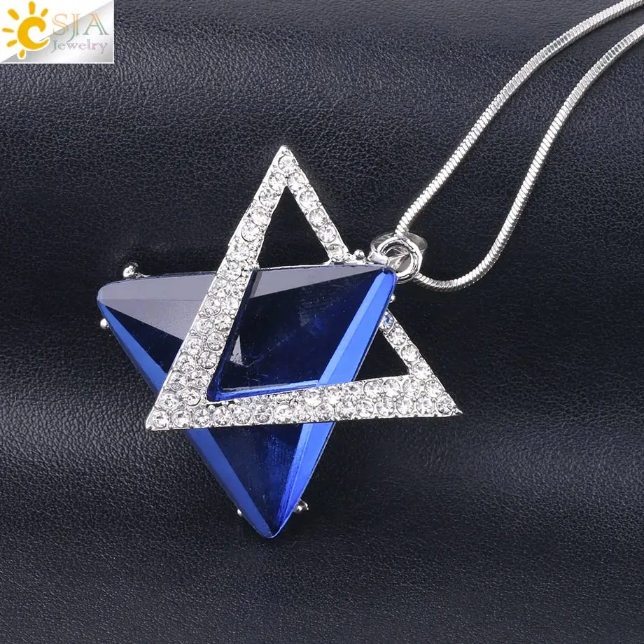 

CSJA New Hexagram Drop Pendant Necklaces Hexagon Magen Star of David Crystal Long Necklace Women Sweater Rhinestone Jewelry S219