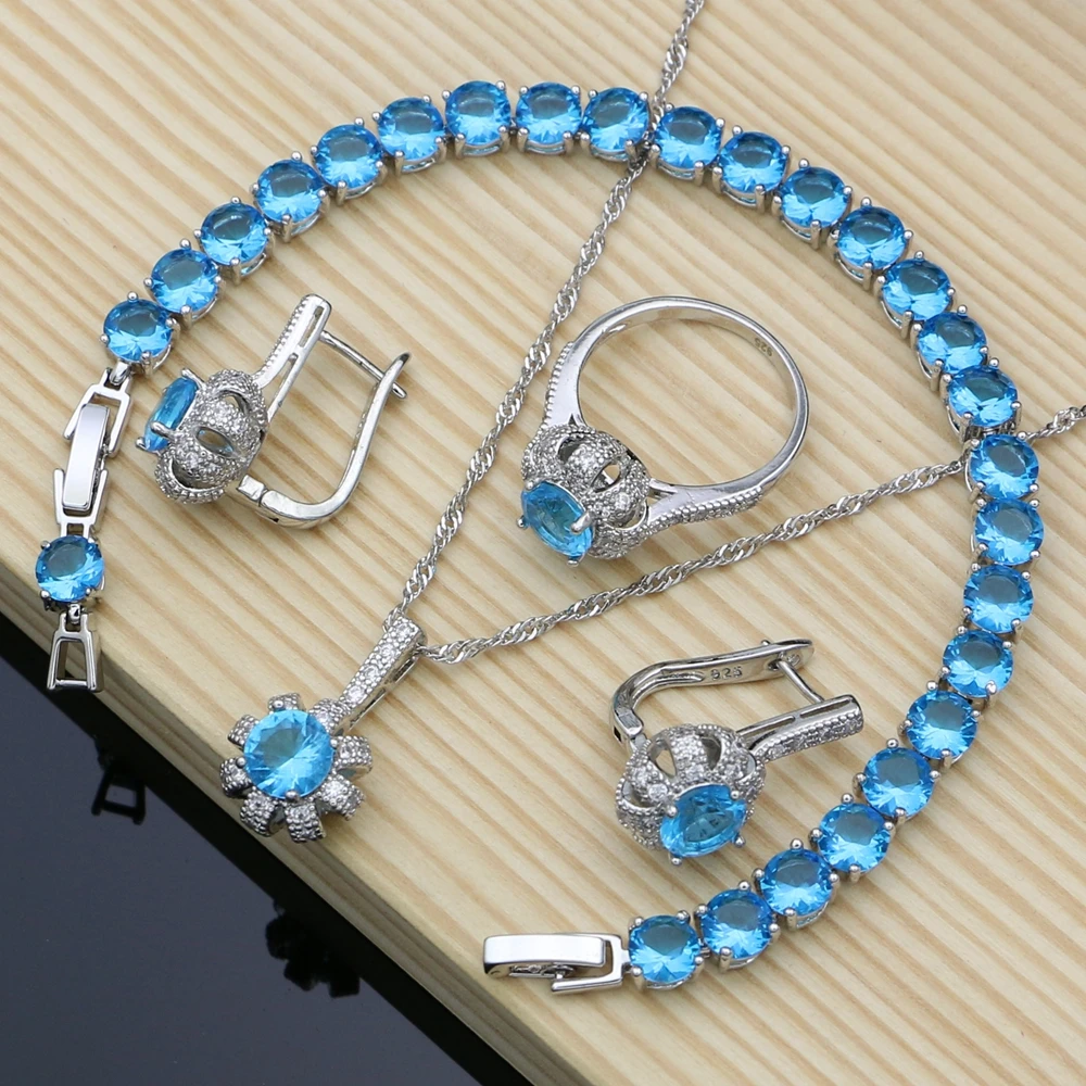 925 Silver Bridal Jewelry Sky Blue CZ Jewelry Sets For Women Anniversary Earrings With Stone Bracelet Necklace Set (1)