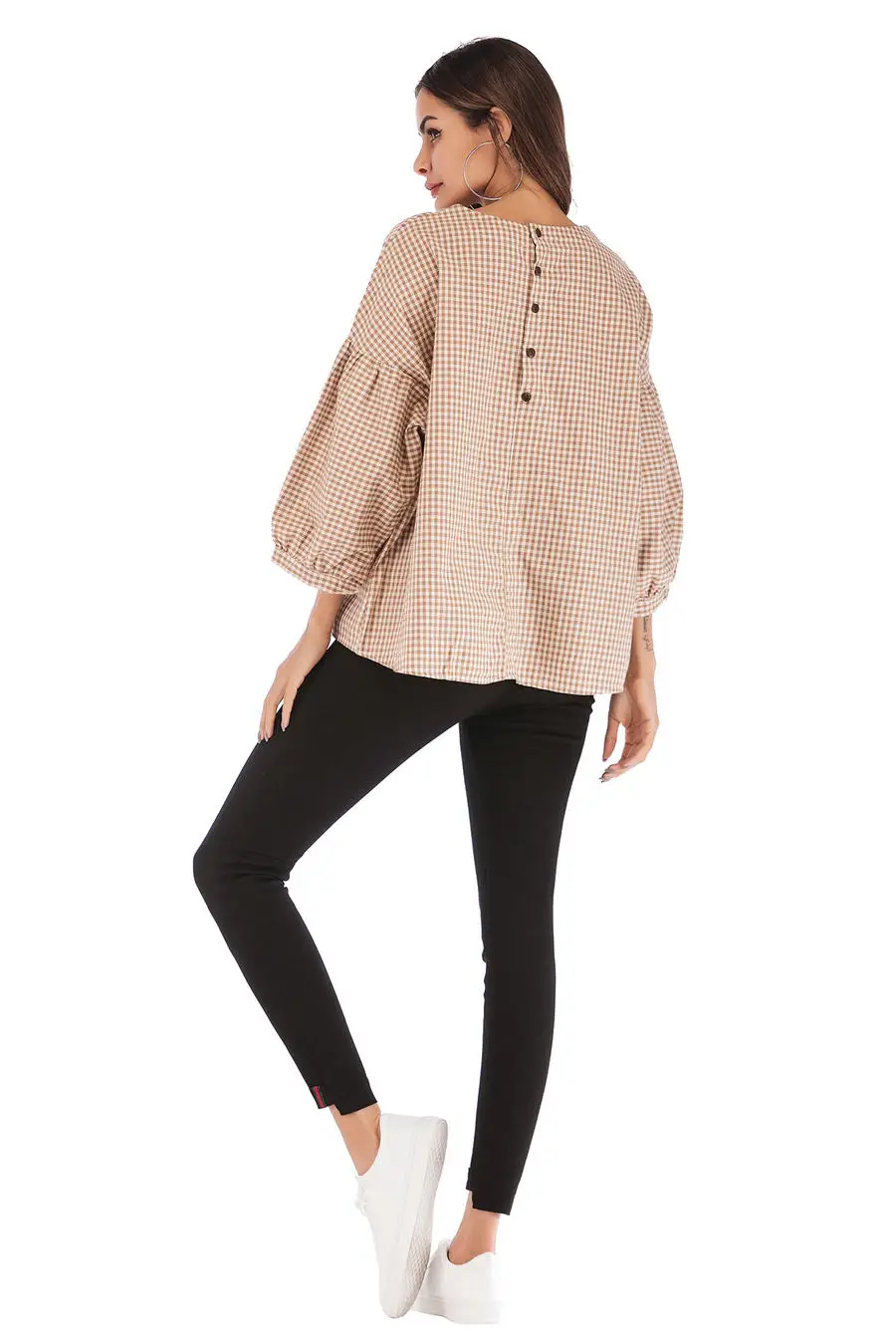 Gladiolus New 2019 Spring Plaid Shirt Women Puff Sleeve O Neck Button Loose Blouse Women Shirts Summer Casual Ladies Shirt Tops (20)
