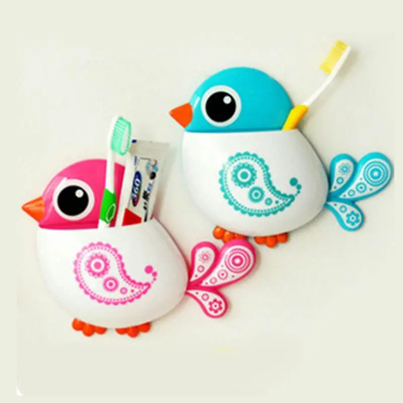 

2019 Cartoon Bird Pattern Suction Cup Pink Blue Toothbrush Holder Phone Makeup Brush Rack Bathroom Accessories for Toothbrush