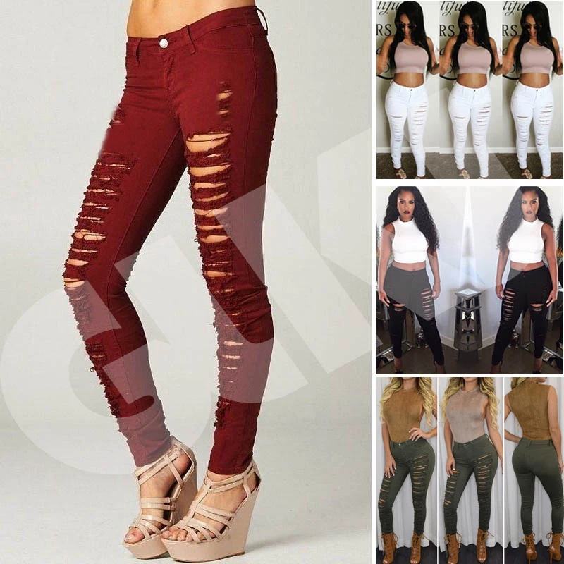 Sexy Women Destroyed Ripped Denim Jeans Skinny Hole Pants High Waist Stretch Jeans Slim Pencil Trousers Black White Blue