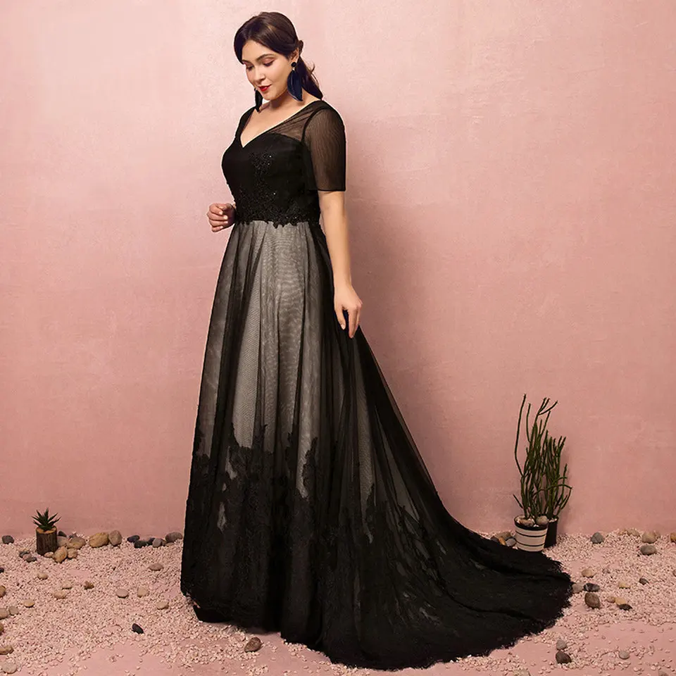 Fashion Black Plus Size Evening Dresses Long 2019 Formal Evening Gowns V Neck Tulle Appliques Women Party Dress Prom Custom Made
