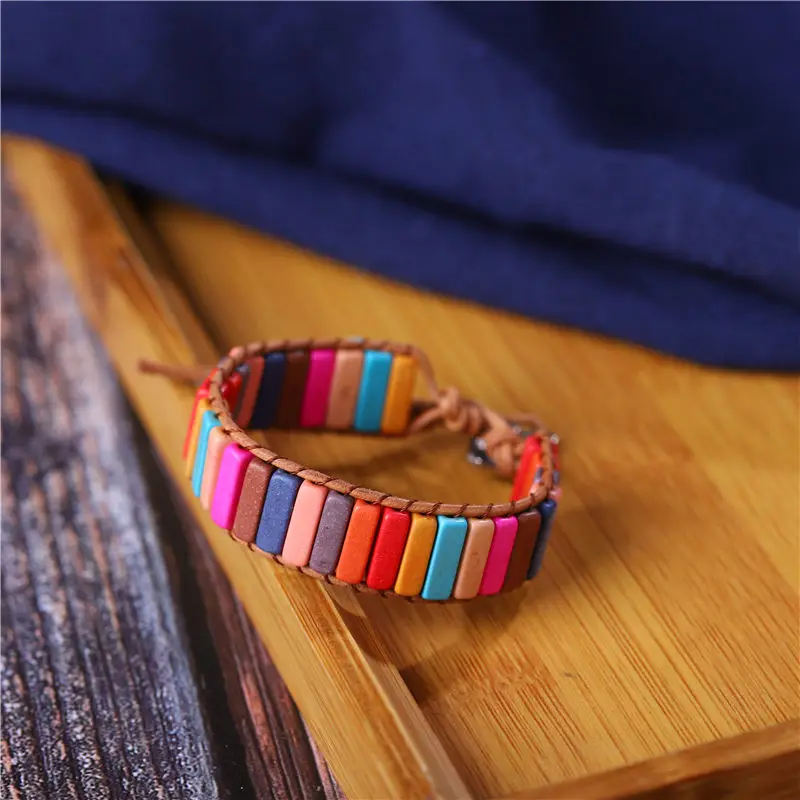 Народного творчества ручной работы Многоцветный натуральный камень бисер браслет чакра ювелирный кожаный обвивающий браслет Парные браслеты, подарок - Окраска металла: 11