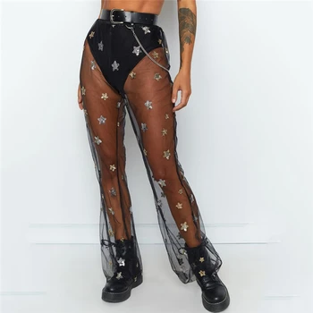 

Women Mesh Sequined Sexy Bikini Cover up high waist See Through Beach Pants Elegant Slim Sheer Playa Trouser Party Beachwear