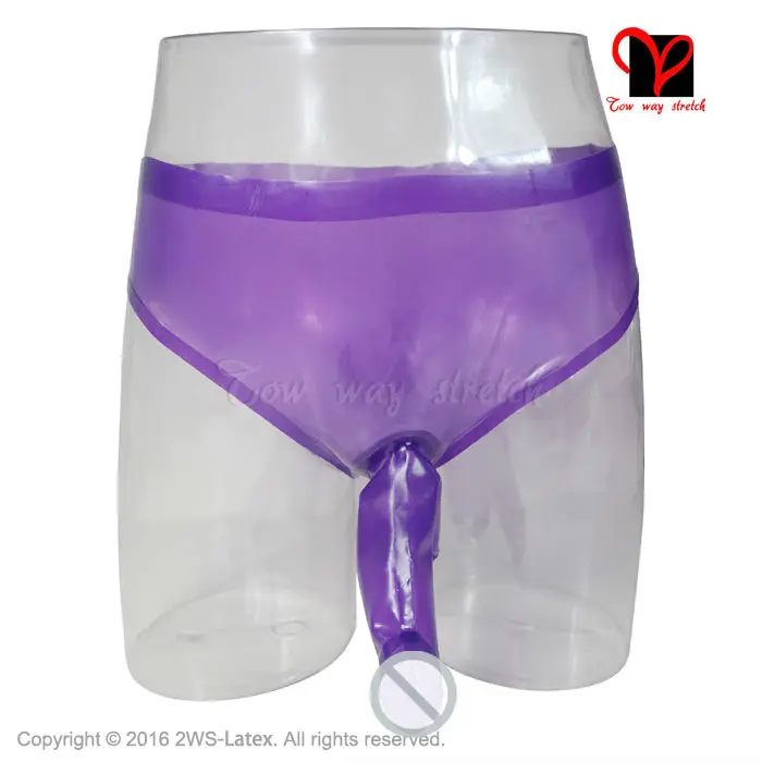 Sexy Transparent Purple Latex briefs with glued penis sheath Rubber underwear with condom pants Shorts KZ-020
