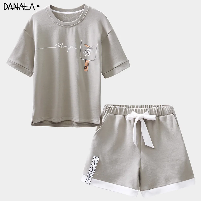 

DANALA 100% Cotton Casual Pajamas Sets Women Summer Short Sleeve Sleepwear Sets Girls With Shorts Home Clothes Women Home Wear