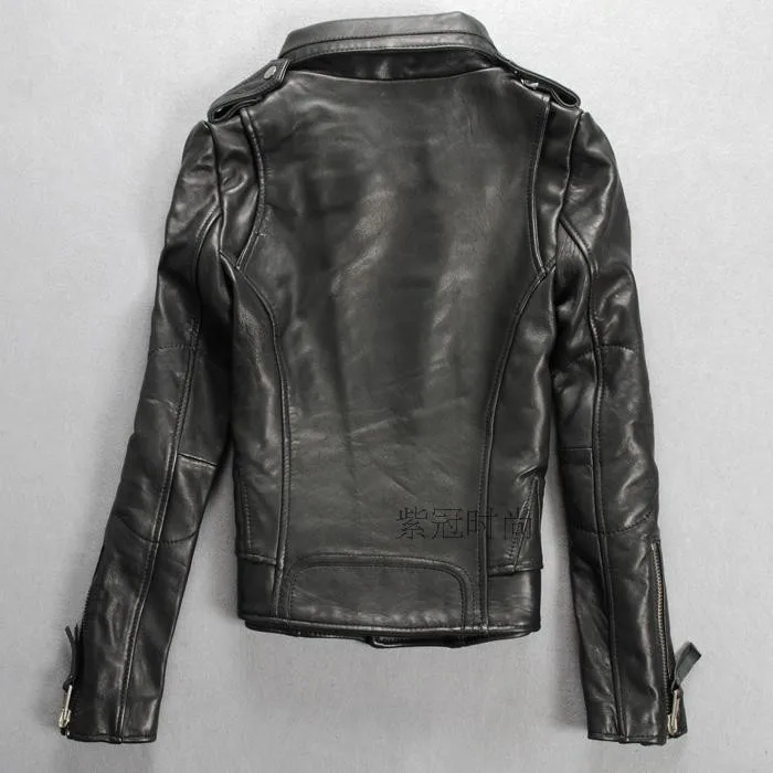 Приталенная мотоциклетная куртка из овчины, женская черная модная куртка из натуральной кожи с карманами на молнии, верхняя одежда для женщин