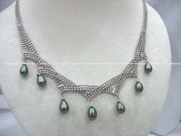 

Free shipping@@@@@ wholesale5 strands 18" 8*6mm green rice freshwater pearl necklace a