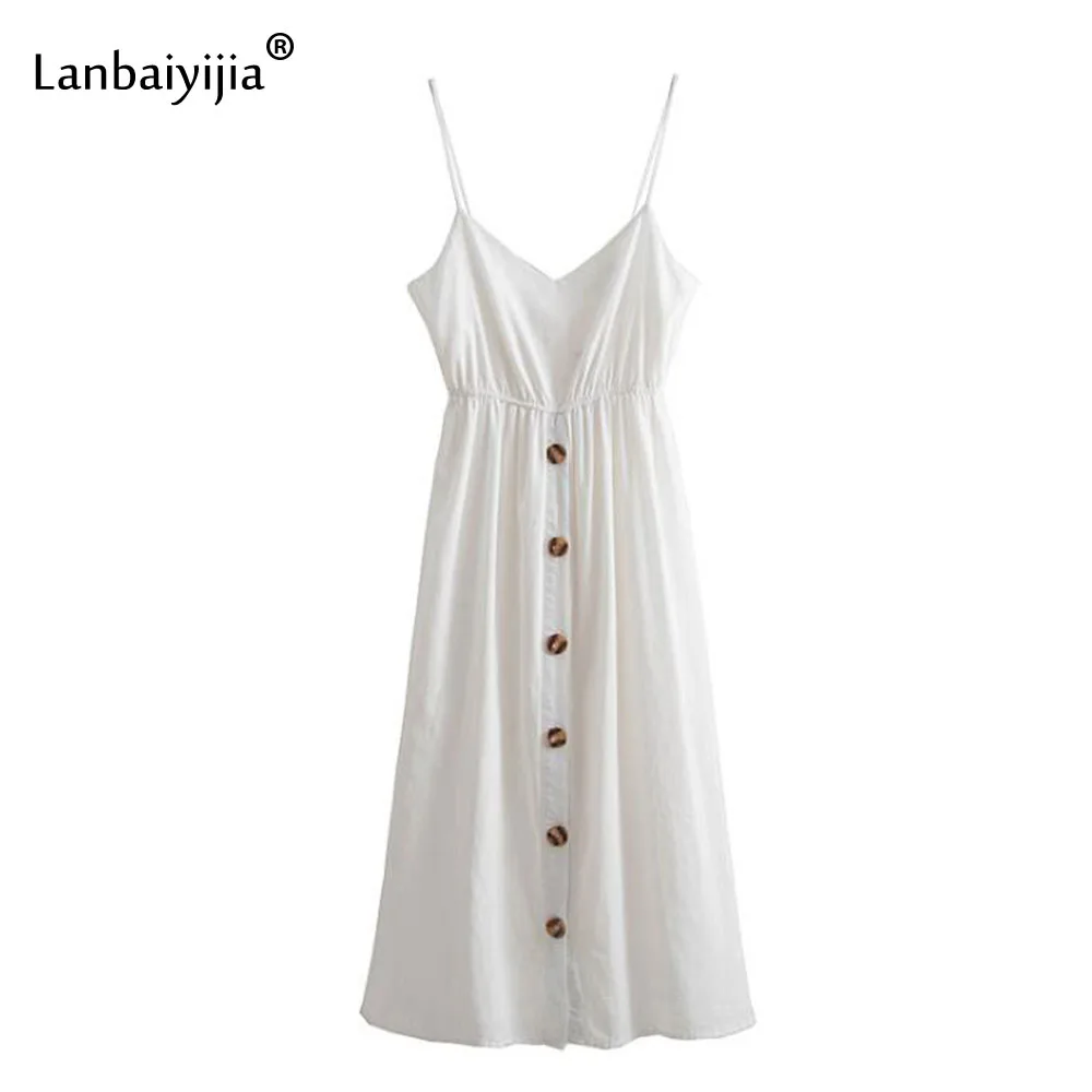 

Lanbaiyijia Newest Sexy White Spaghetti Strap Dress Button Backless Hollow Out Back Tied Bow Knots V-Neck Loose Women dress