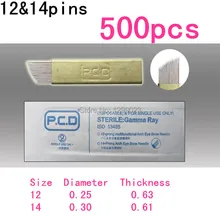 500 шт. 12 и 14 контактный PCD Перманентный макияж ручная Татуировка бровей иглы одноразового посылка