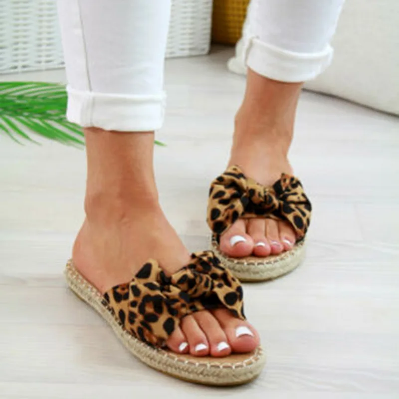 

PUIMENTIUA Fashion Bow Slippers Personality Female Flats Summer New Style Woven Hemp Outdoor Indoor Fish Mouth Leopard Shoes