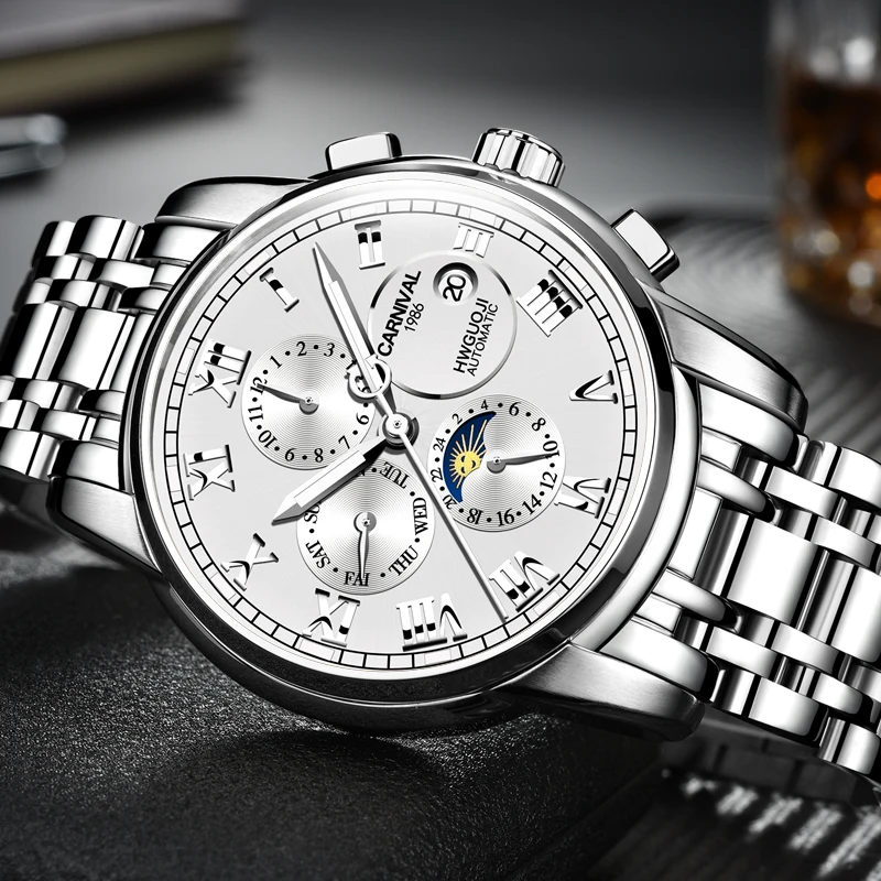 

Carnival Mechanical Watch Men Phase Moon Luminescence Japan Miyota 25 Jewels Steel Day-Date Multi-Function Stainess Steel