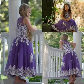 

New Long Purple Flower Girl Dress with Lace Appliques Sequins Sleeveless A-line Customized Girl Formal Wears Robe De Fiesta