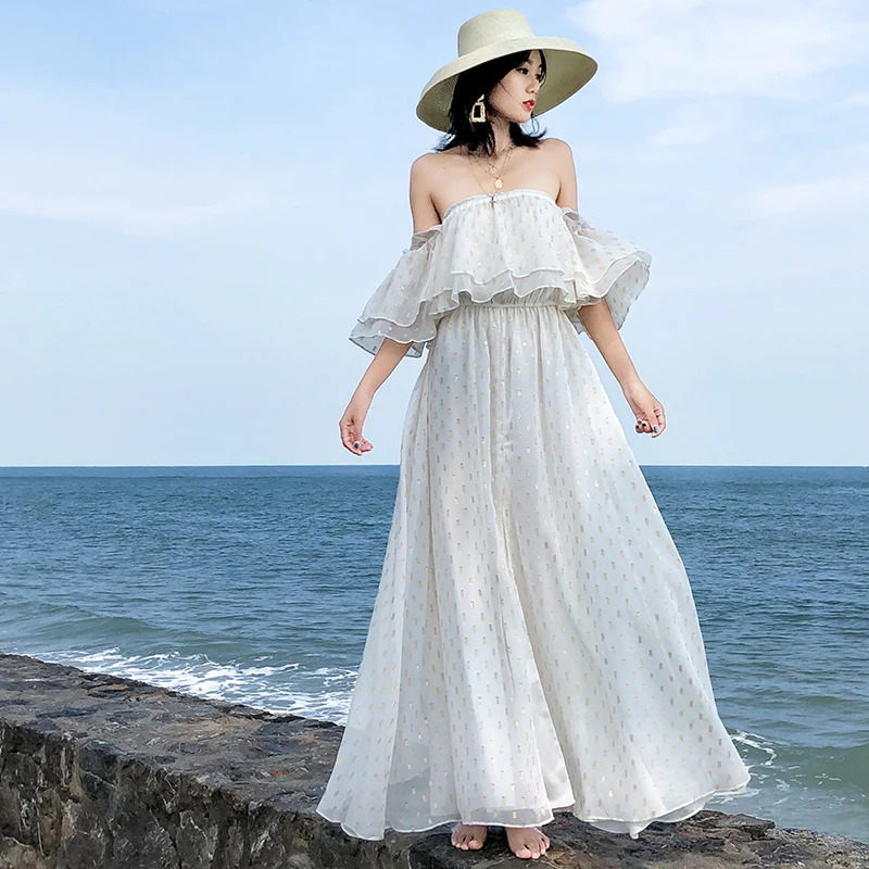 

2019 Women Dress Fashion Summer Elegant Slim Bodycon Casual Party Beach Runway Sexy Off The Shoulder Strapless White Maxi Dress