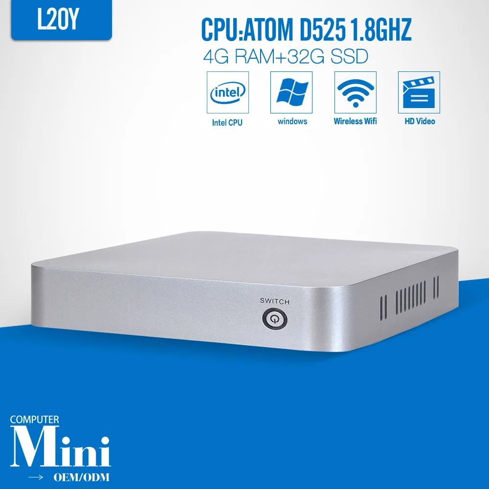 Fan Design Computer PC D525 4G RAM 32G SSD+WIFI Mini Desktop Computers Mini PC With Windows Desktop Computer