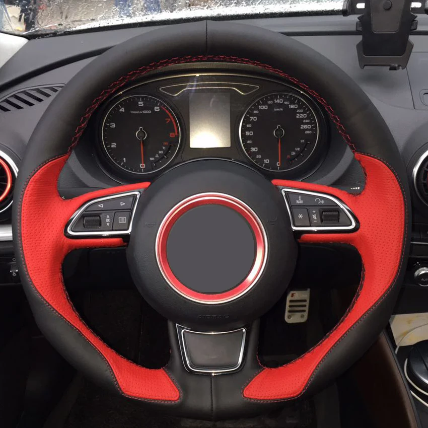 Черное Кожаное красное кожаное рулевое колесо Крышка для Audi A1 A3 A5 A7