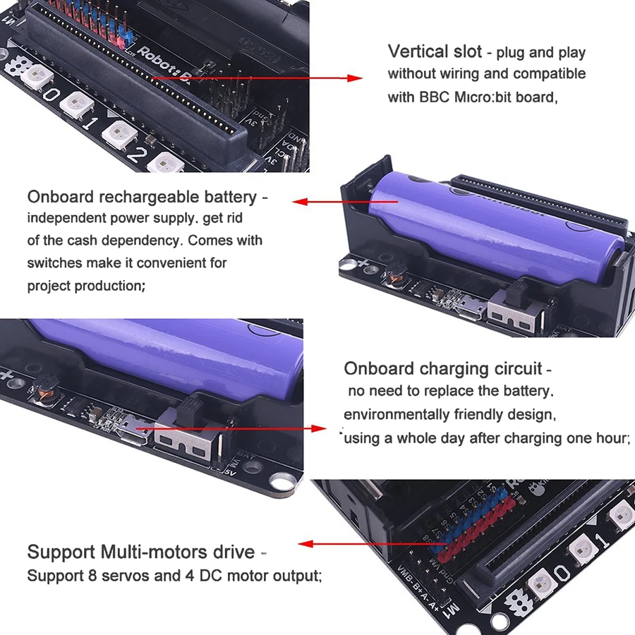 Микро: плата-удлинитель для бит Robotbit-Поддержка программирования Scartch& pyton с 18650 литиевой перезаряжаемой батареей