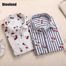 Dioufond New Floral Long Sleeve Vintage Blouse Cherry Turn Down Collar Shirt Blusas Feminino Ladies Blouses