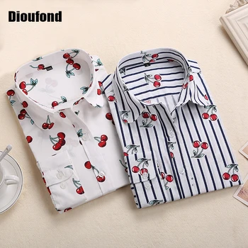 Dioufond New Floral Long Sleeve Vintage Blouse Cherry Turn Down Collar Shirt Blusas Feminino Ladies Blouses Womens  Tops Fashion!
