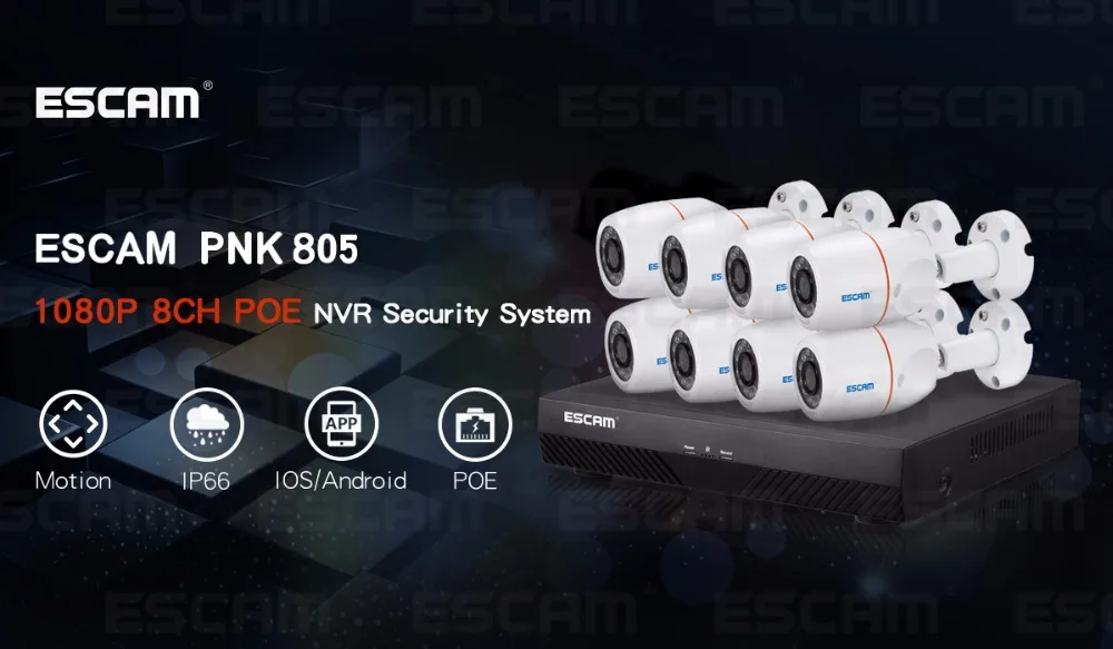 Outdoor IP66 Waterproof 8CH POE NVR Surveillance CCTV Security System Kits ONVIF 2MP 1080 Camera ESCAM PNK805 Bullet  IR Camera 
